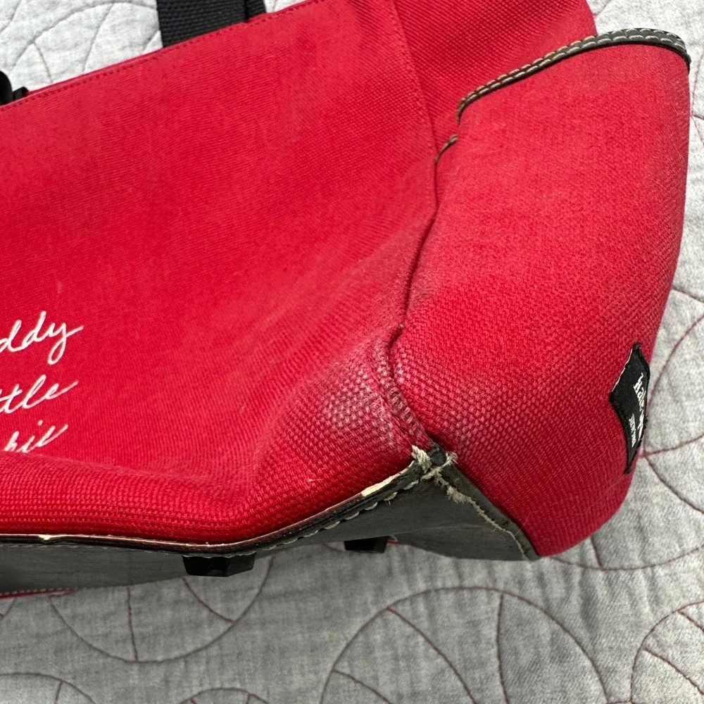 Kate Spade New York Diaper Bag Red Canvas Teddy Rattle Blankie Leather Trim